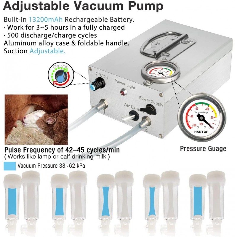 Hantop 12L Cow Milking Machine, Rechargeable Pulsation Speed Adjustable Vacuum Pump with Pressure Gauge, 304 Stainless Steel Bucket Cow Milker Machine (Pro Plus)