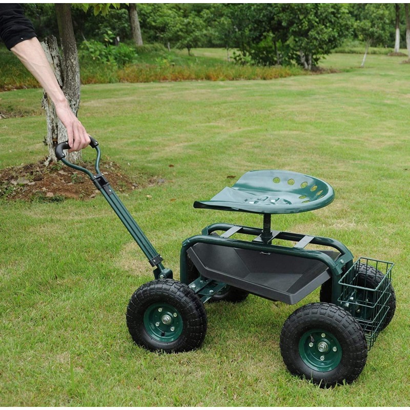 Dporticus Rolling Garden Steerable Tool Cart Scooter with Extendable Steer Handle,360 Swivel Seat and Tool Storage Basket, Green