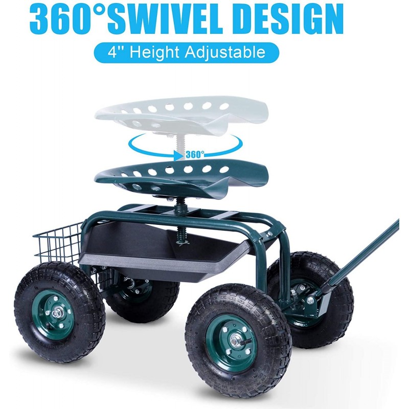 Dporticus Rolling Garden Steerable Tool Cart Scooter with Extendable Steer Handle,360 Swivel Seat and Tool Storage Basket, Green