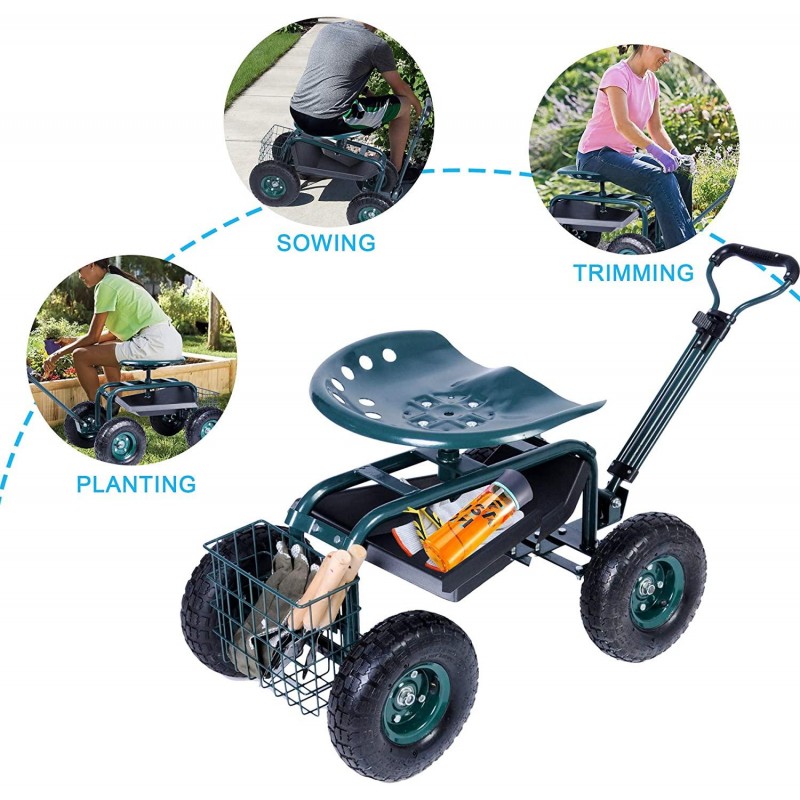 Dporticus Rolling Garden Steerable Tool Cart Scooter with Extendable Steer Handle,360 Swivel Seat and Tool Storage Basket, Green