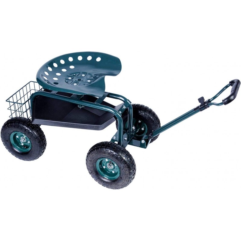 Dporticus Rolling Garden Steerable Tool Cart Scooter with Extendable Steer Handle,360 Swivel Seat and Tool Storage Basket, Green