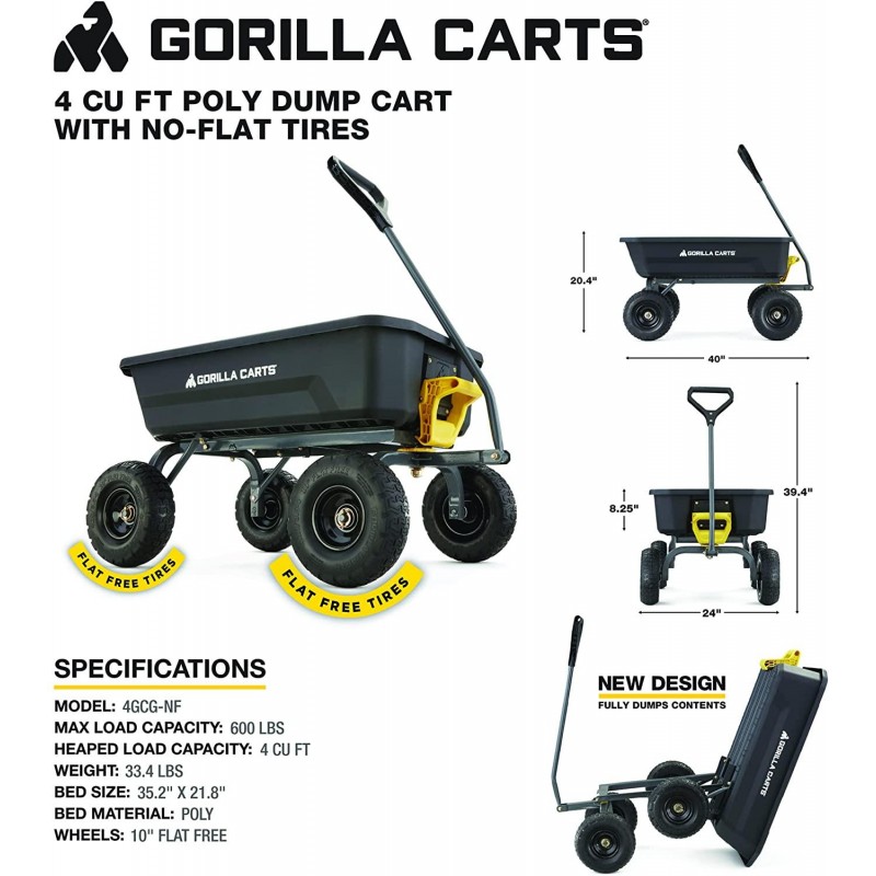 Gorilla Carts 4GCG-NF 4 Cu. Ft. Poly Garden Dump Cart with No-Flat Tires, Black ( Exclusive)