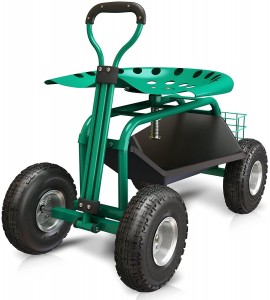Bralys BRALYS Garden Cart with Seat - Rolling Gardening Cart Scooter Workseat Large Wheels, Basket, Waterproof Cover Included ,360degree Rotation, Height Adjustable Swivel Chair.
