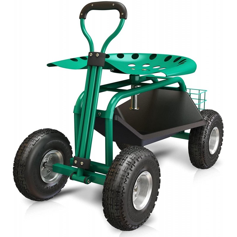 Bralys BRALYS Garden Cart with Seat - Rolling Gardening Cart Scooter Workseat Large Wheels, Basket, Waterproof Cover Included ,360degree Rotation, Height Adjustable Swivel Chair.