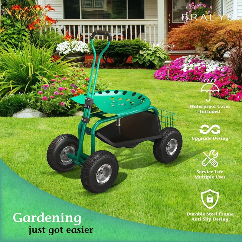 Bralys BRALYS Garden Cart with Seat - Rolling Gardening Cart Scooter Workseat Large Wheels, Basket, Waterproof Cover Included ,360degree Rotation, Height Adjustable Swivel Chair.