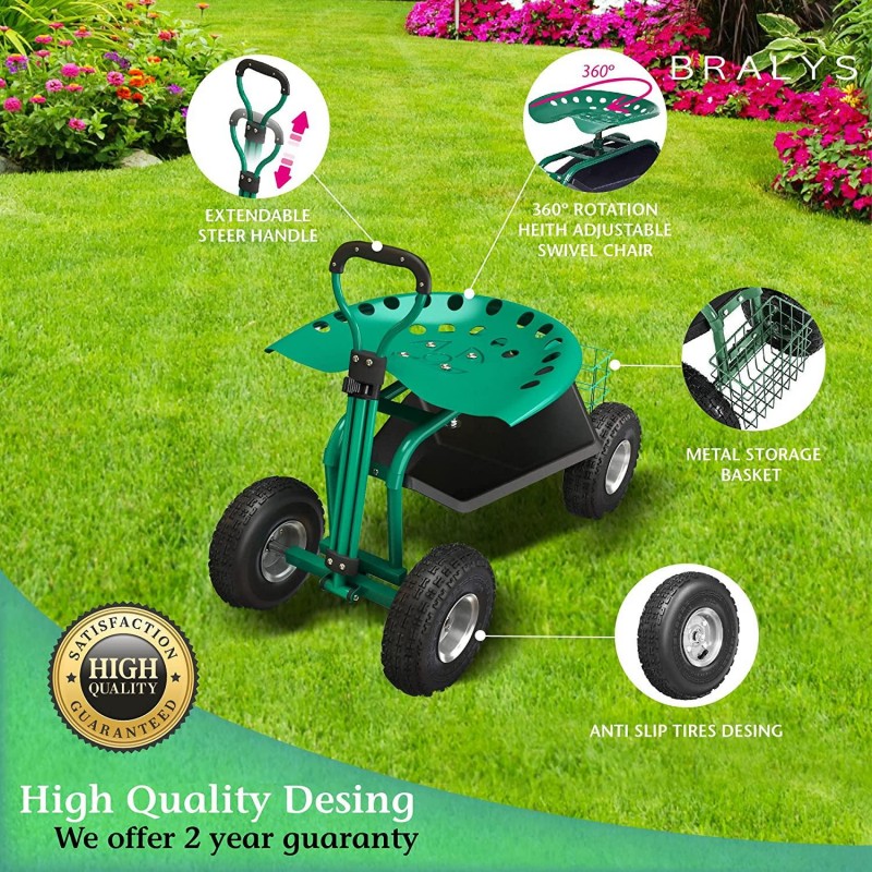 Bralys BRALYS Garden Cart with Seat - Rolling Gardening Cart Scooter Workseat Large Wheels, Basket, Waterproof Cover Included ,360degree Rotation, Height Adjustable Swivel Chair.