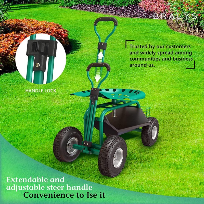 Bralys BRALYS Garden Cart with Seat - Rolling Gardening Cart Scooter Workseat Large Wheels, Basket, Waterproof Cover Included ,360degree Rotation, Height Adjustable Swivel Chair.