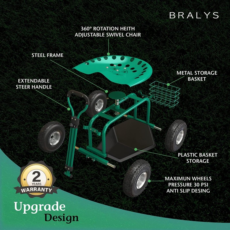Bralys BRALYS Garden Cart with Seat - Rolling Gardening Cart Scooter Workseat Large Wheels, Basket, Waterproof Cover Included ,360degree Rotation, Height Adjustable Swivel Chair.