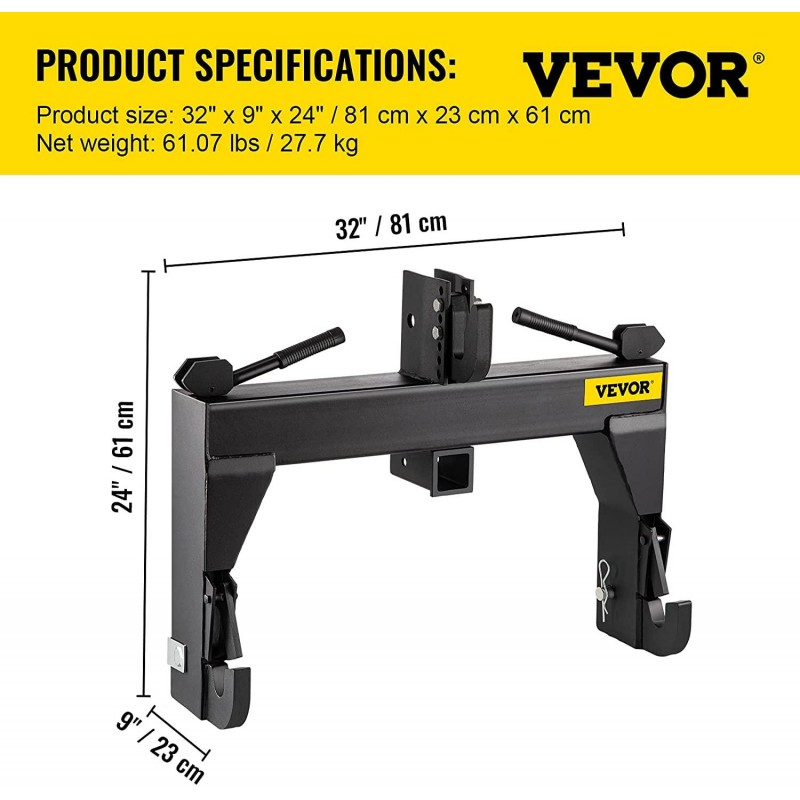 VEVOR 3-Point Quick Hitch, 3000 LBS Lifting Capacity Tractor Quick Hitch, 27.5