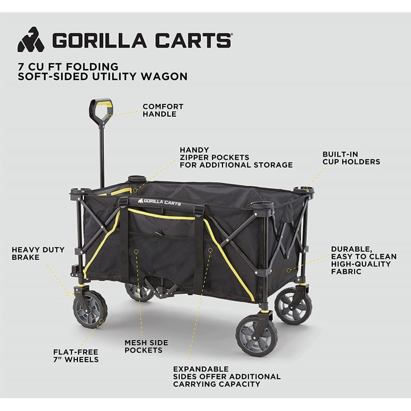 Gorilla Carts GCSW-7P 7 Cu. Ft. Collapsible Folding Outdoor Utility Wagon with Oversized Bed, Black