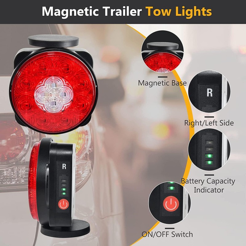 Oyviny Wireless Trailer Lights Kit Magnetic Rechargeable Trailer LED Lights for Utility Trailer, RV, Camper, Boat Trailer, Truck, Turn Signal Tail Light Kit with 7 Way RV Connector