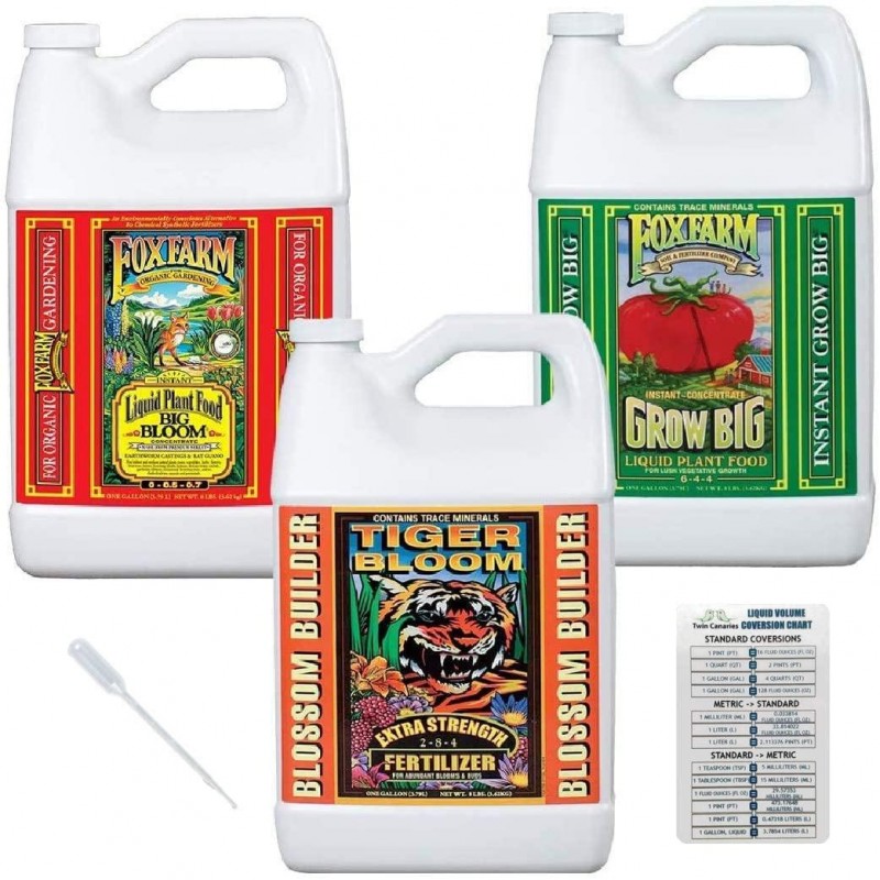 Fox Farm Liquid Nutrient Trio Soil Formula: Big Bloom, Grow Big, Tiger Bloom (Pack of 3 - 1 Gallon Bottles) Bundled with Twin Canaries Chart & Pipette