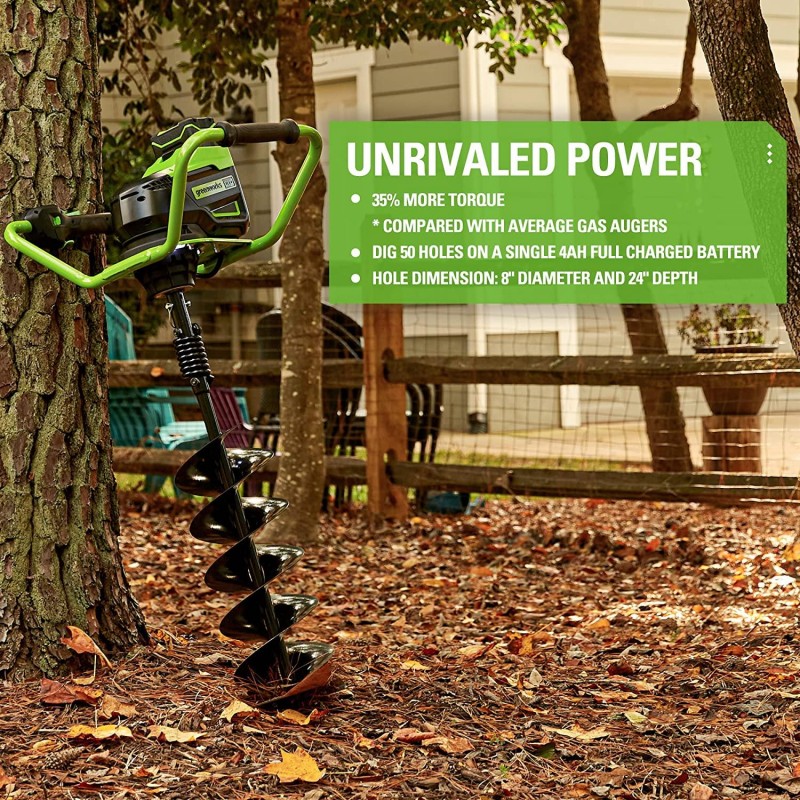 Greenworks Pro 80V Brushless (58CC Gas Equivalent) Earth Auger / Post Hole Digger - Auger Bit and Battery / Charger Sold Separately