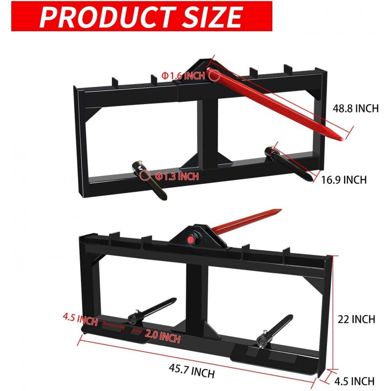 AIWARGOD 49 Inch Tractor Hay Spear Attachment Skid Steer Quick Attach 3000LBS for Bobcat Tractors with 1pc Red Hay Spear + 2pcs Black Stabilizer Spears Spike Fork Tine
