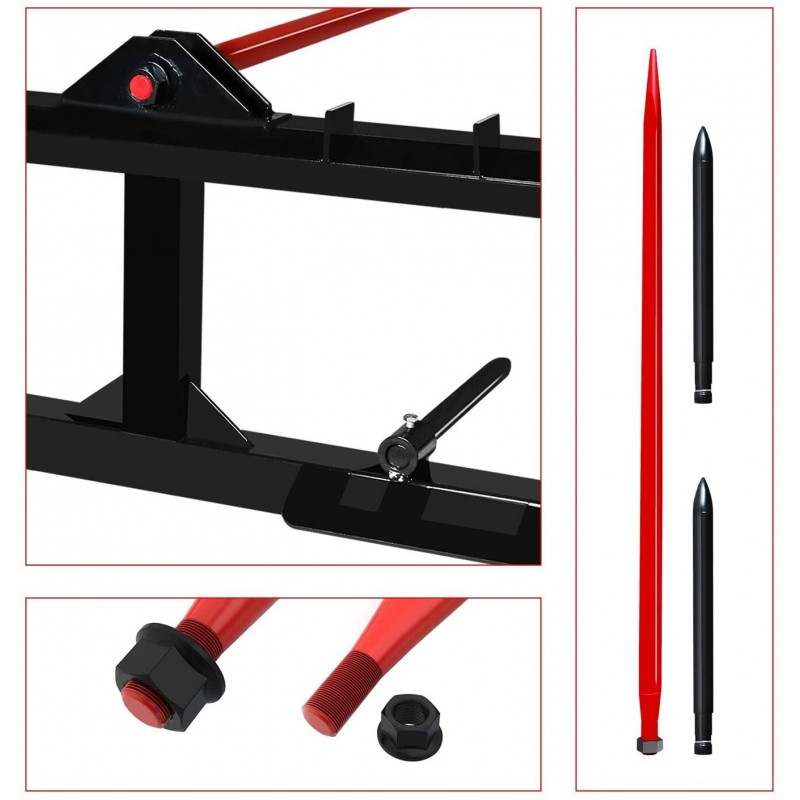 AIWARGOD 49 Inch Tractor Hay Spear Attachment Skid Steer Quick Attach 3000LBS for Bobcat Tractors with 1pc Red Hay Spear + 2pcs Black Stabilizer Spears Spike Fork Tine