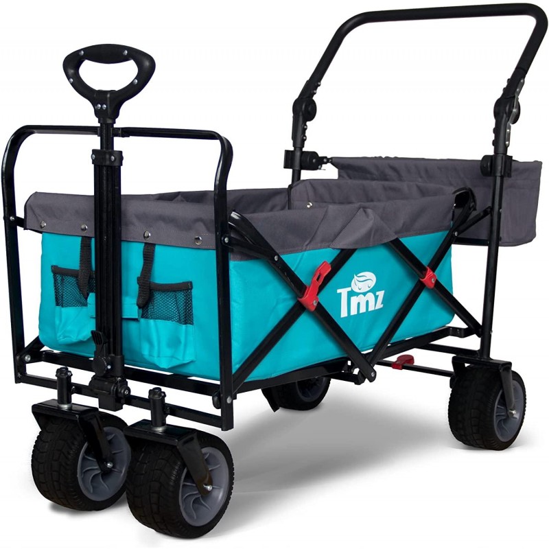 TMZ All Terrain Utility Folding Wagon, Collapsible Garden Cart, Heavy Duty Beach Wagon, for Shopping, Camping, and Outdoor Activities with Push Handle and Brakes (Turquoise&Grey)…