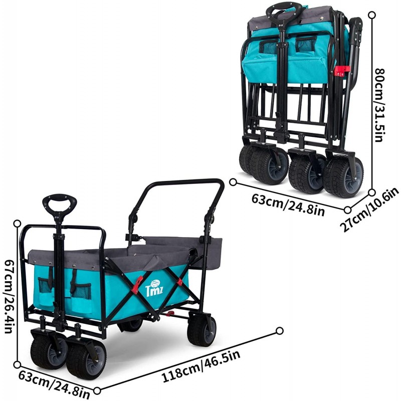 TMZ All Terrain Utility Folding Wagon, Collapsible Garden Cart, Heavy Duty Beach Wagon, for Shopping, Camping, and Outdoor Activities with Push Handle and Brakes (Turquoise&Grey)…