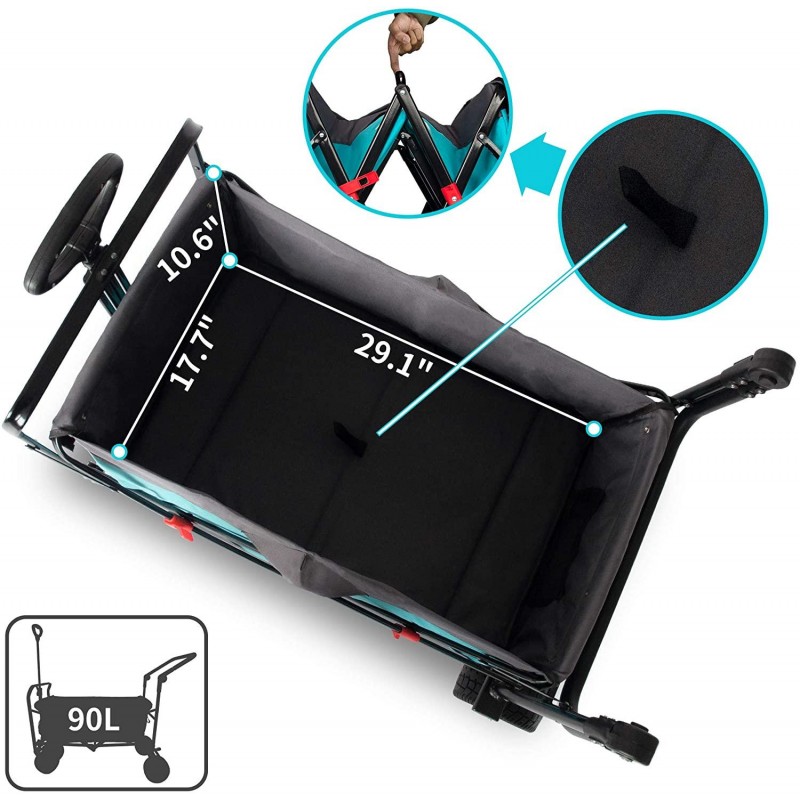 TMZ All Terrain Utility Folding Wagon, Collapsible Garden Cart, Heavy Duty Beach Wagon, for Shopping, Camping, and Outdoor Activities with Push Handle and Brakes (Turquoise&Grey)…