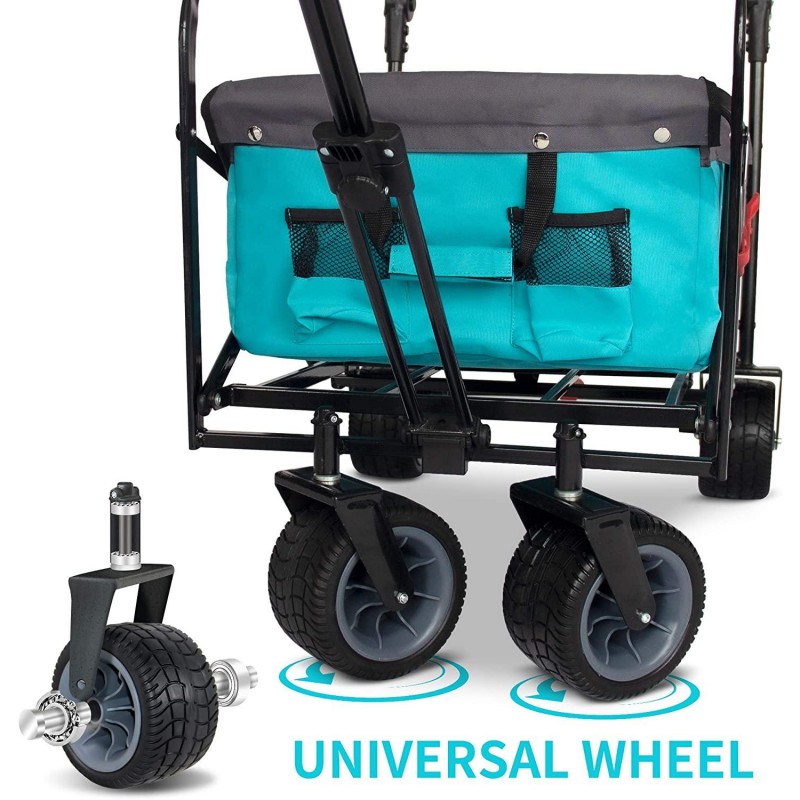 TMZ All Terrain Utility Folding Wagon, Collapsible Garden Cart, Heavy Duty Beach Wagon, for Shopping, Camping, and Outdoor Activities with Push Handle and Brakes (Turquoise&Grey)…