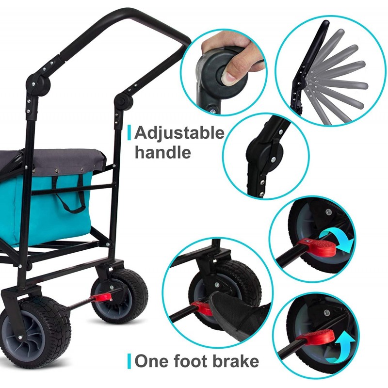 TMZ All Terrain Utility Folding Wagon, Collapsible Garden Cart, Heavy Duty Beach Wagon, for Shopping, Camping, and Outdoor Activities with Push Handle and Brakes (Turquoise&Grey)…
