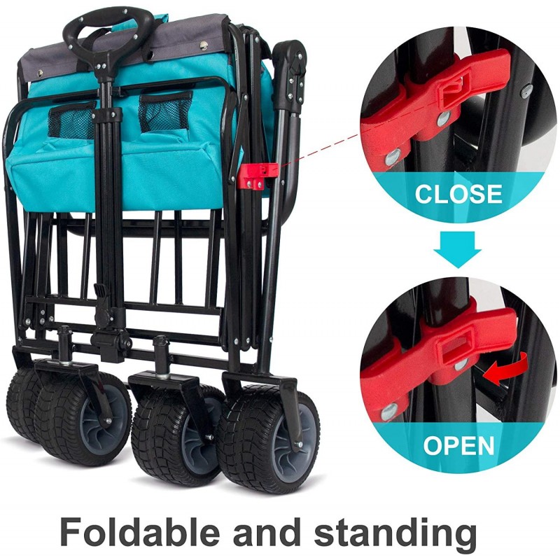 TMZ All Terrain Utility Folding Wagon, Collapsible Garden Cart, Heavy Duty Beach Wagon, for Shopping, Camping, and Outdoor Activities with Push Handle and Brakes (Turquoise&Grey)…
