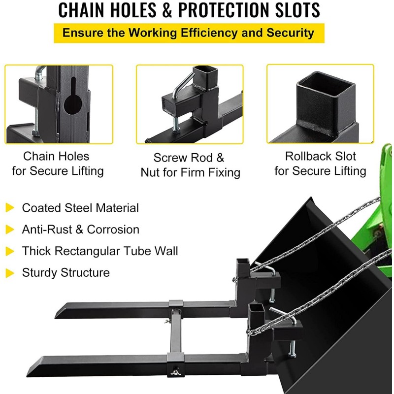 BestEquip Pallet Forks 1500lbs Capacity, Tractor Forks 43 inch Length, Clamp on Bucket Forks w/Adjustable Stabilizer Bar, Fork Loader Attachment for Skid Steer, Tractor Forks for Agriculture and Farm